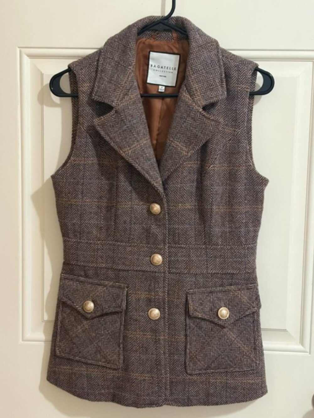 Bagatelle Collection Brown Herringbone Wool Blend Vest Gold Buttons Size S